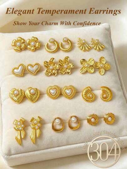 24 Pieces / 12 Pairs, 18K Stainless Steel Pearl Earrings Set - Includes Exquisite Designs Such As Flower Series Pearl Earrings, Heart Series Pearl Earrings, And Geometric Shape Series Pearl Earrings. Low Allergenic, Simple And Fashionable, It Is An Ideal Choice For Women's Daily Wear And An Excellent Gift For Teachers, Family Members And Friends.Summer Earrings Women Earring Sets,Earrings For Women,Gold Jewelry