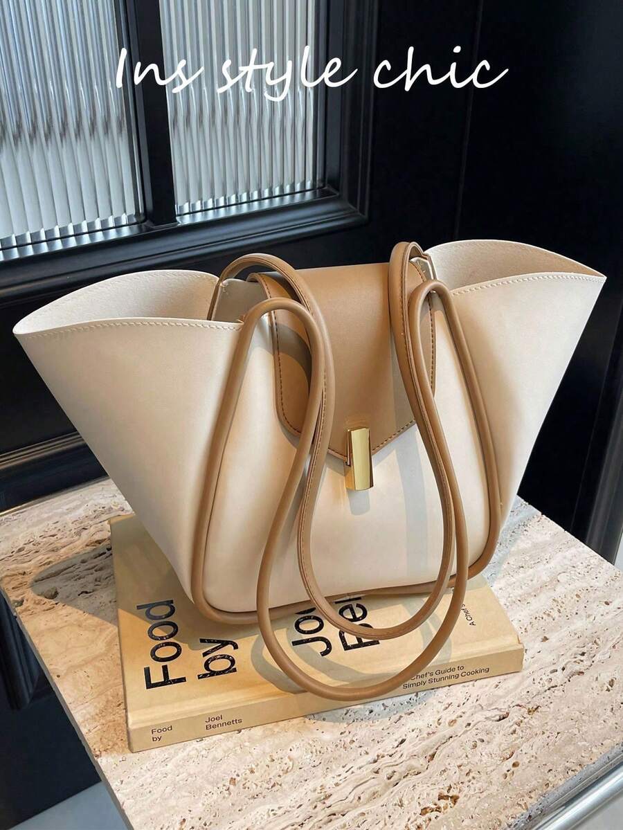 Nueva bolsa de hombro de material de PU impermeable de unicolor estilo clásico, con cierre magnético, gran capacidad, adecuada para viajes, compras, ir al trabajo, salidas y citas - Beis - Ver 1
