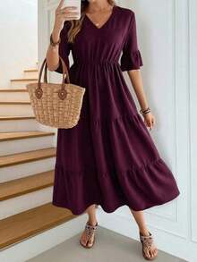 Vestido de mujer de unicolor con mangas con volantes, estilo casual para vacaciones - Morado - Ver 8