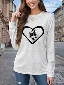 Cute Women's Cat And Heart Print T-Shirt, Soft Cotton Blend Fabric, Loose-Fitting Casual Summer T-Shirt For Everyday Wear And More - 2-白 - 查看 5