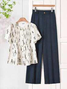 Conjunto de camisa holgada con pliegues y pantalones de pierna ancha con estampado todo sobre todo, adecuado para primavera, verano y otoño - Verde 2 - Ver 7