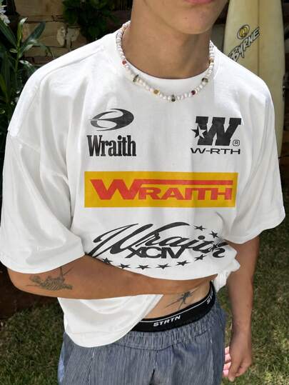  Fractyr Men's Oversized Racing Style Graphic T-Shirt, "Wraith" Multi-Logo Print Tee, Vintage Washed Streetwear Casual Top, Soft Touch Short Sleeve Crew Neck Shirt For Urban & Y2K Style
