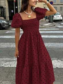 2026 Vestido blanco de mujer para primavera/verano con mangas abullonadas, volantes en el bajo y pliegues, de estilo bohemio elegante y versátil, adecuado para festivales, uso casual, vestidos elegantes, conciertos, vacaciones y vestidos de verano - Blanco - Ver 1
