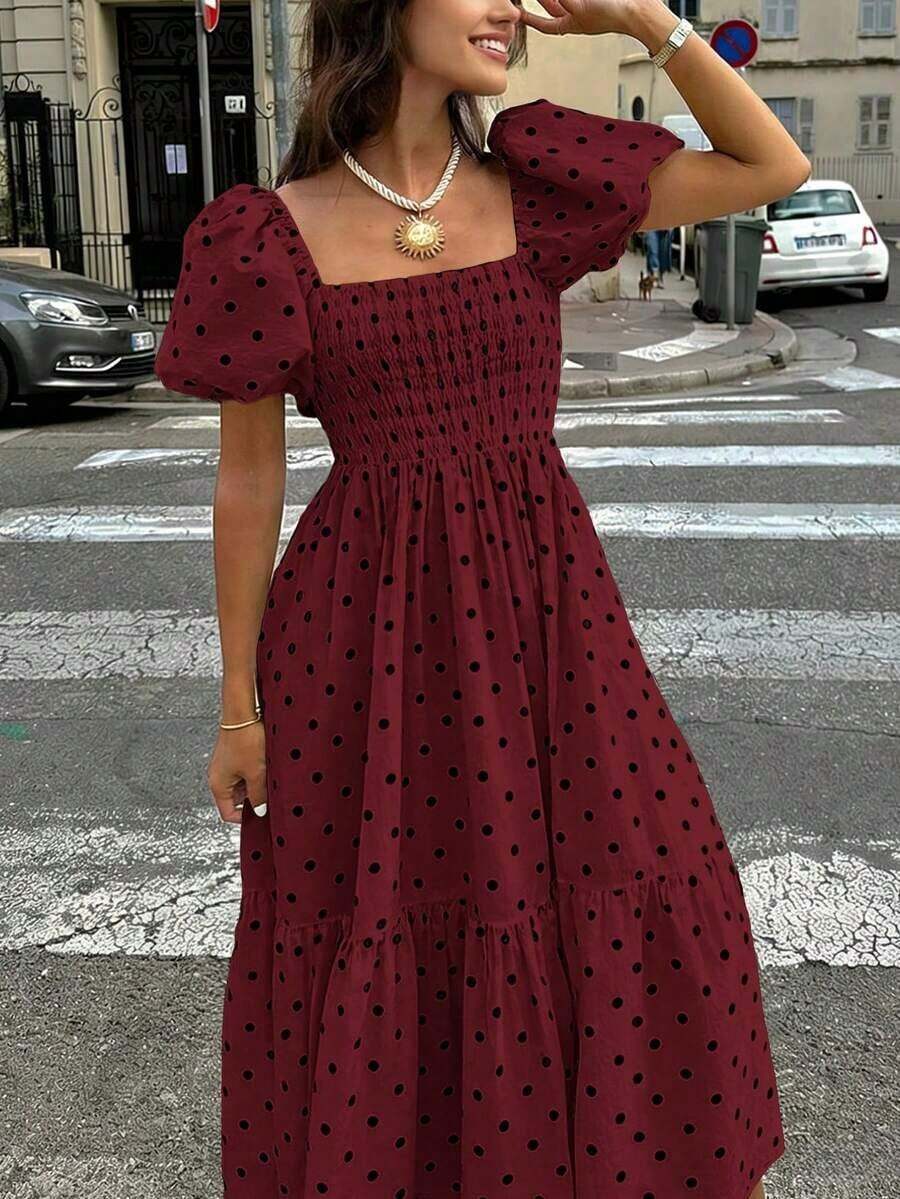 2026 Vestido blanco de mujer para primavera/verano con mangas abullonadas, volantes en el bajo y pliegues, de estilo bohemio elegante y versátil, adecuado para festivales, uso casual, vestidos elegantes, conciertos, vacaciones y vestidos de verano - Blanco - Ver 1