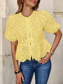 Blusa elegante con mangas abullonadas, lazo delantero y bordado, ideal para vacaciones o San Valentín - Amarillo - Ver 4