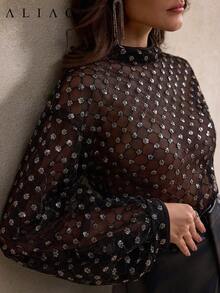 Blusa elegante con mangas de linterna bordada con lentejuelas ALIAO, versátil para ir al trabajo, citas, uso diario, brillante para fiestas de vacaciones - Negro - Ver 2