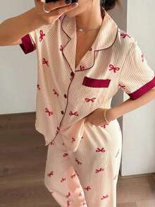 Napfluff Pyjama Set With Short Sleeve Top With Red Button And Striped Pants With Contrasting Color Bow; Pink Striped Pyjama Set With Printed Bow, Suitable For Home Use - 黃色 - 查看 6