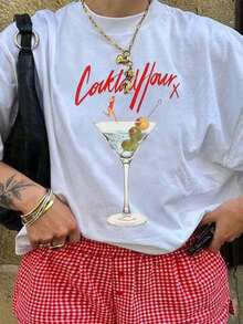 Fashion NEW t de Martini Olive, de cuello redondo y manga corta, informal para mujer, versátil para vacaciones de verano en la playa.-Vintage Street Style Unisex Loose Cotton Sleeve Crew Neck T-Shirt - Blanco - Ver 1