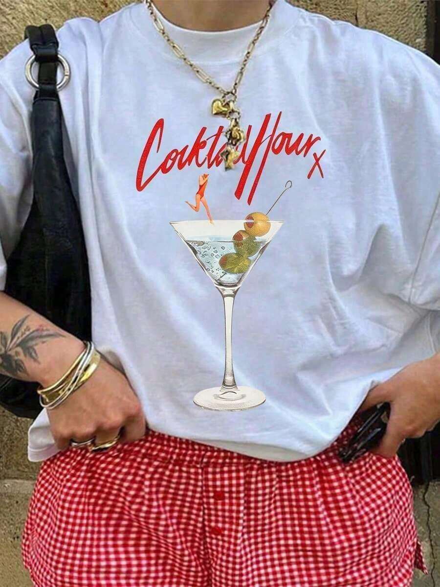 Fashion NEW t de Martini Olive, de cuello redondo y manga corta, informal para mujer, versátil para vacaciones de verano en la playa.-Vintage Street Style Unisex Loose Cotton Sleeve Crew Neck T-Shirt - Blanco - Ver 1