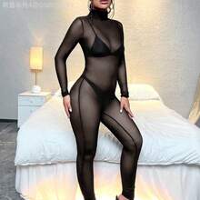 Fengyu Women's Clothing Store   Jumpsuit unitard de cuello cisne de malla sin lencería - Multicolor - Ver 6