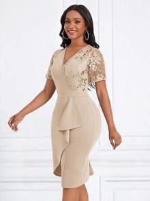 Lady Wedding Guest Dress Women's Elegant Glitter Floral Contrast Mesh Short Sleeve Dress For Summer - 杏色 - 查看 1