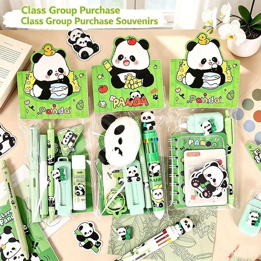 7件套卡通熊猫文具套装,创意学生奖励礼物,教室批量采购纪念品,返校用品 - 套裝 - 查看 1