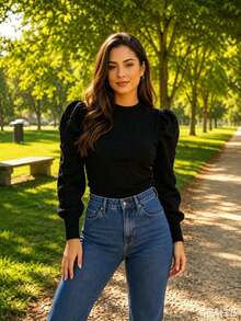 Versatile Modal Blouse With Puff Sleeves For Winter. - Black - View 1