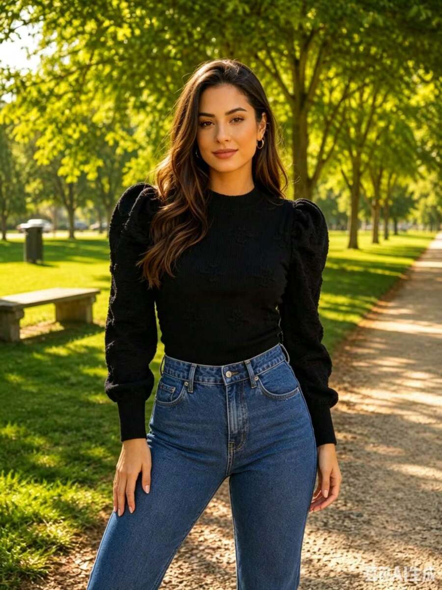 Versatile Modal Blouse With Puff Sleeves For Winter. - Black - View 1