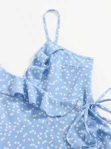 Vestido azul de mujer con detalles de volantes y estampado de corazones por todas partes tipo camisola de envoltura "WYWH Vacation", Vestidos de verano, Vestidos de verano para mujer, Ropa de primavera - Celeste - Ver 3
