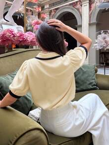 女款拼色短泡泡袖單排扣優雅襯衫 夏季黃色 - 黃色 - 查看 4