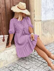 Vestido de verano casual con cuello redondo y pliegues para mujer de talla grande - Morado - Ver 6