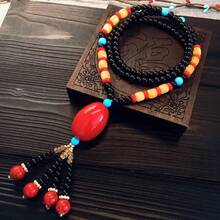 1 pieza Cadena de suéter de ágata roja y negra para mujer - Rojo - Ver 7