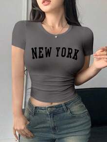 Camiseta De Manga Corta Con Estampado De Letras - Gris - Ver 3