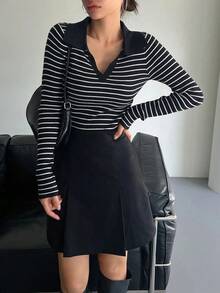Suéter de punto acanalado con estampado de rayas, ropa de otoño - Blanco y Negro - Ver 7