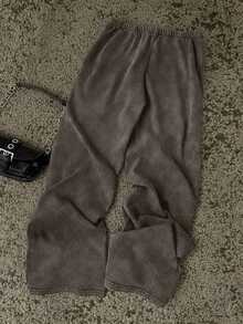 Pantalones de chándal de pierna recta y cintura baja para mujer, apropiados para el verano, con efecto lavado - Marrón - Ver 2
