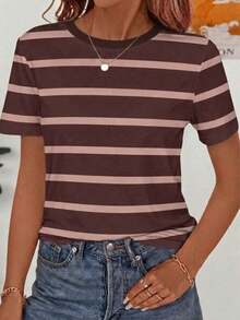 Frenchy Camiseta de manga corta holgada con cuello redondo, estilo asimétrico a rayas, minimalista y casual, versátil, adecuada para primavera/verano y temporada deportiva - Multicolor 13 - Ver 2