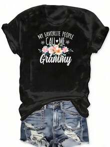1 Piece Floral Print T-Shirt "My Favorite People Call Me Grammy" For Birthday, Short Sleeve, Round Neck, Casual Top For Summer And Spring, Women's Clothing, 180g, 100% Cotton. - 黑色 - 查看 2