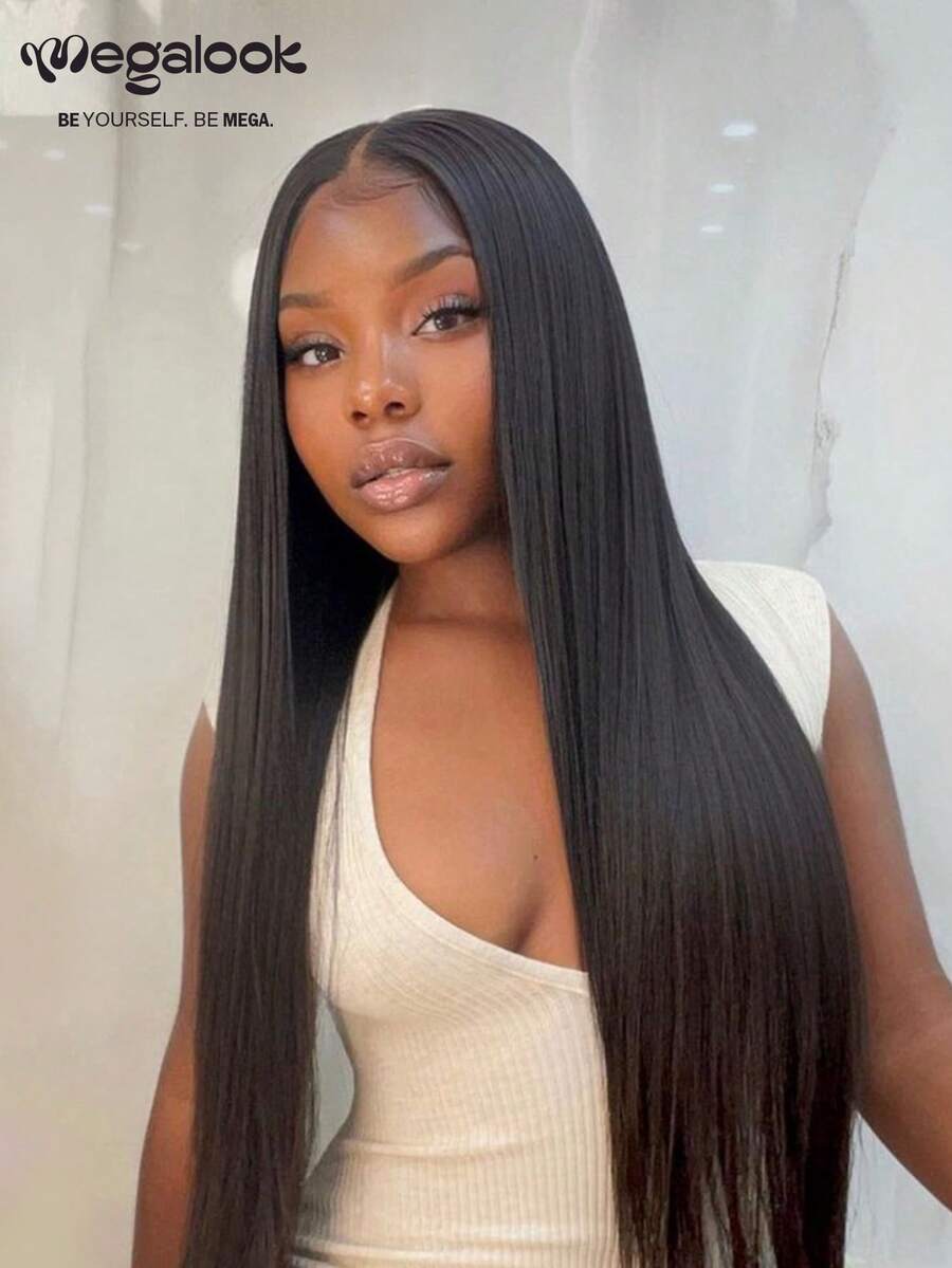 MEGALOOK 13x6 Lace Front Wig, Silky Straight Human Hair, Transparent Lace, 3-Parting, 36 Inch Natural Black, Drawstring Design, 36 Inch Natural Look, Suitable For Daily Wear, Office, Halloween