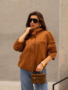 Jaqueta Suede Feminina Forrada Estilo Oversized Gringa Fashion - Veste 36 ao 44 - Marrom - Visão 5