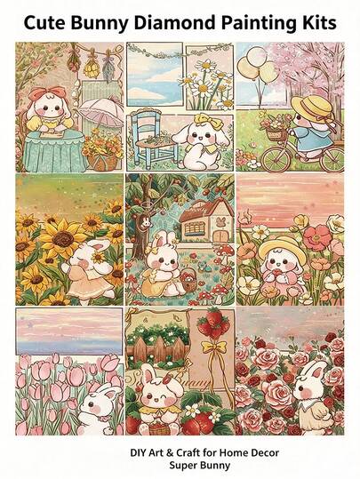 Juego de pintura de diamantes con diseño de conejo primaveral, escena de animales de dibujos animados, manualidades de arte DIY