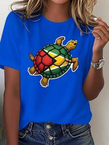 Camiseta de algodón puro para mujer con diseño de tortuga y bandera de Guyana, cómoda y casual. - Azul - Ver 1