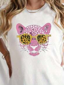 1 pieza, 2026, Camiseta de cuello redondo con estampado de leopardo rosa 100% algodón, camiseta casual de manga corta para primavera y verano, ropa de mujer, tallas S-7XL, camiseta para todo tipo de cuerpo, perfecta para citas, actividades al aire libre y uso casual, presenta un estilo clásico americano. Tops de Verano, Camisetas Gráficas, Conjuntos de Verano para Mujer, Blusas Vintage, Camiseta de Algodón - Rojo - Ver 8