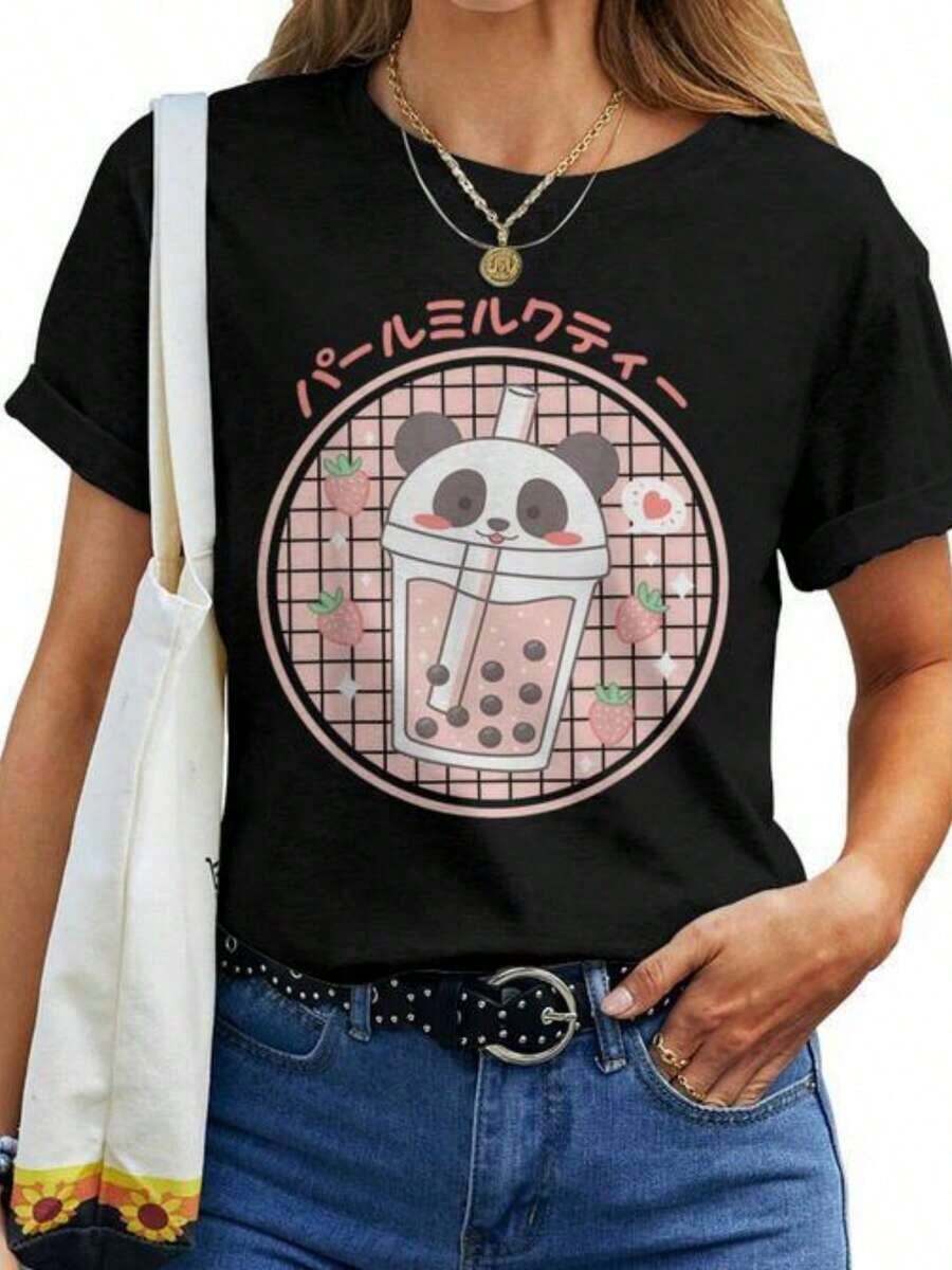 Camiseta Casual para Mujeres con Diseño de Panda Kawaii Anime Japonés y Té de Burbujas Boba. - Negro - Ver 1