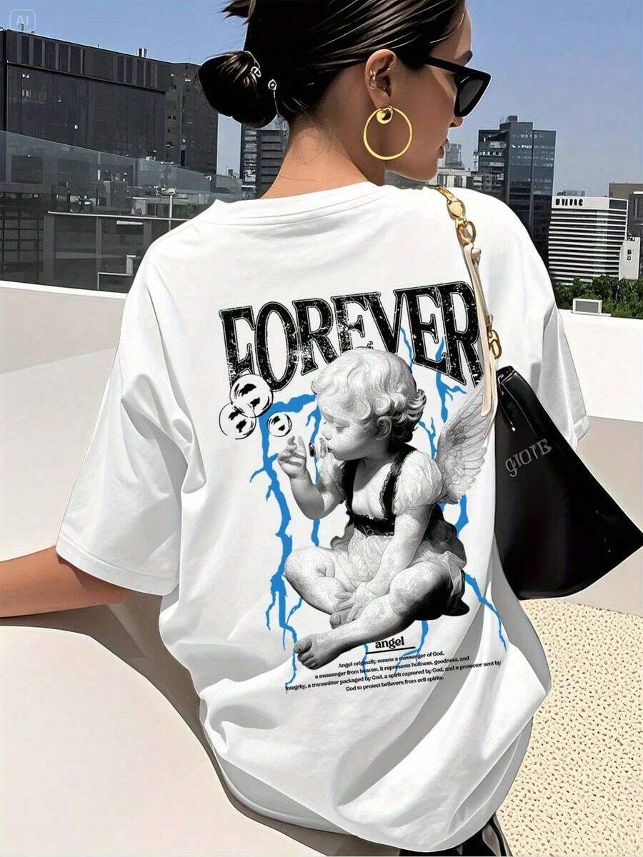 Soft Y2K Women's Casual Short Sleeve T-Shirt With Letter Print And Angel Girl Design, 200g Pure Cotton, Women's Blouse, Women's Sportswear - 白色 - 查看 1