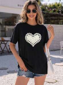Playera Oversize Mujer "Corazones Rosa y Leopardo" - Azul Marino con Estampado Femenino Chic - Negro-2 - Ver 2