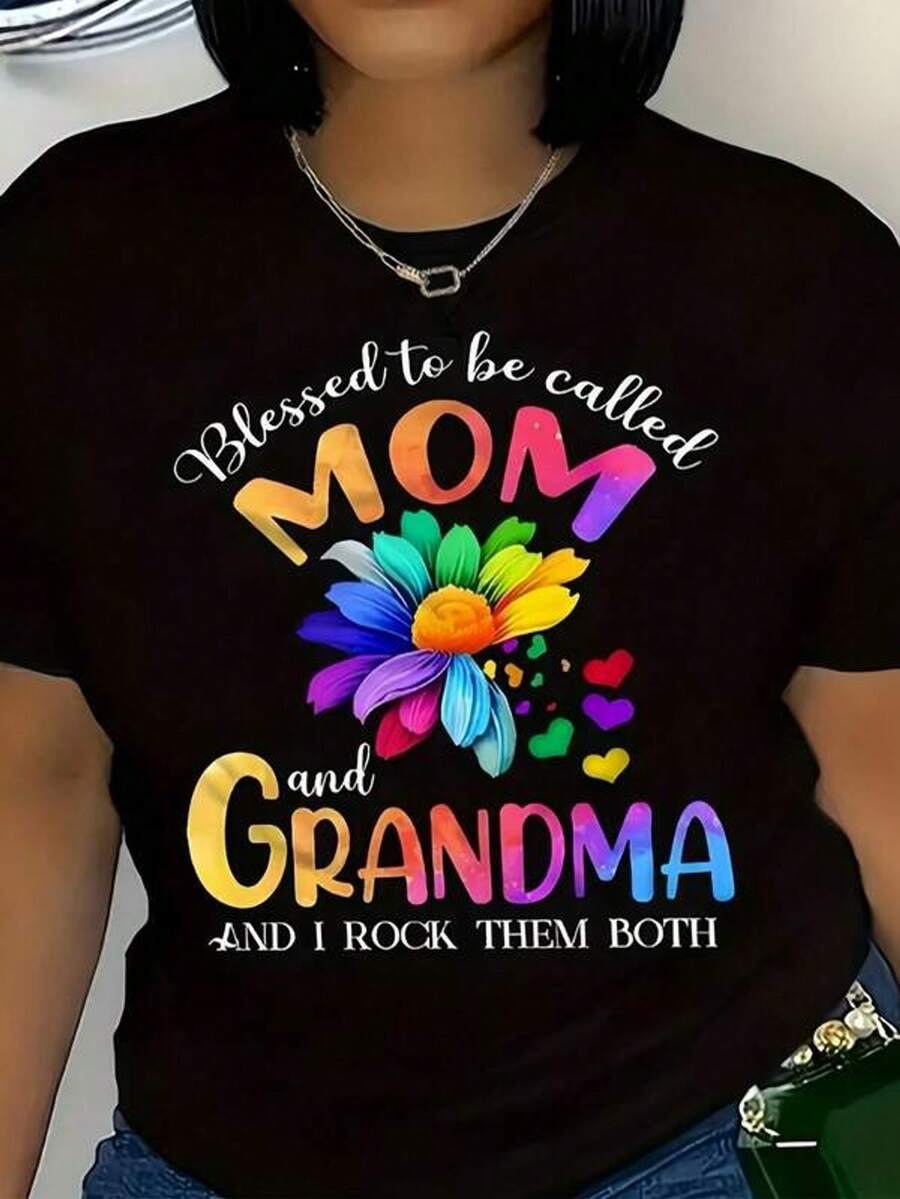 1 camiseta negra con estampado floral de corazones para el Día de la Madre, cuello redondo, camiseta casual de algodón, tejido de punto de elasticidad media, corte regular para mujeres, ideal para primavera/verano/otoño, Día de la Madre, Pascua, Día de los Caídos, 4 de julio. - Negro - Ver 1