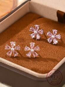 1 Pair 925 Sterling Silver Mini Flower Zirconia Delicate Stud Earrings For Women - Flowers - View 1