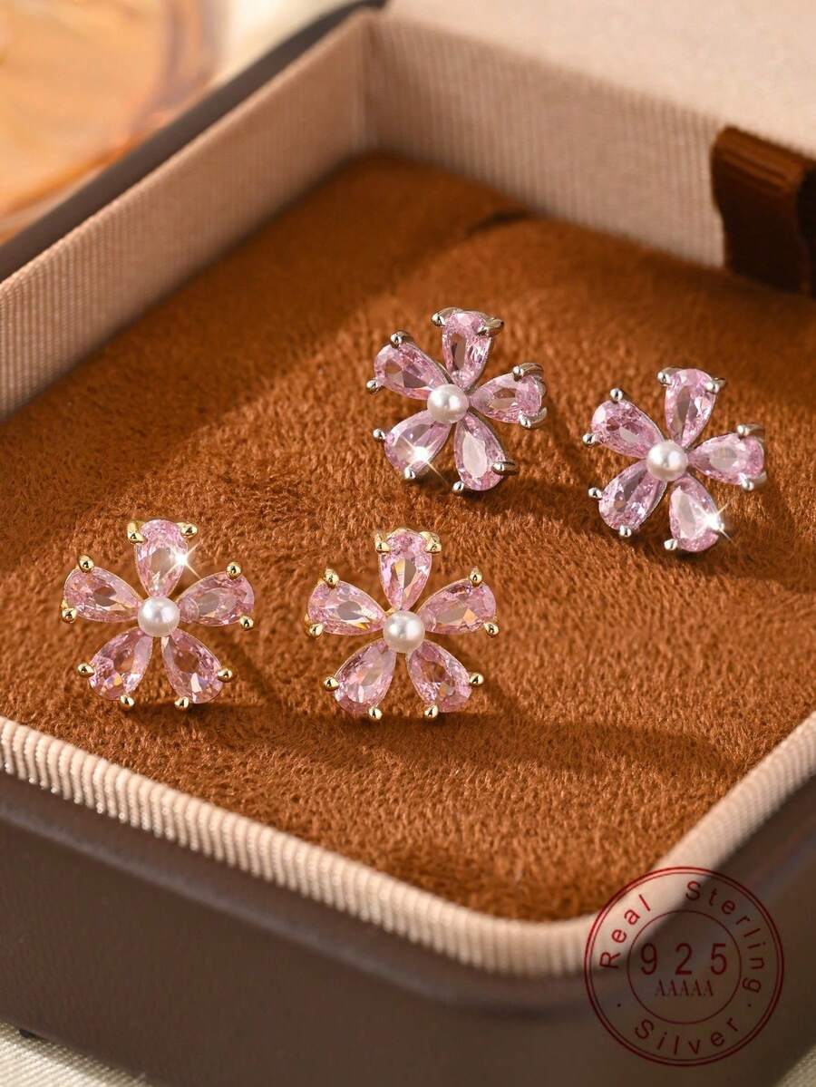 1 Pair 925 Sterling Silver Mini Flower Zirconia Delicate Stud Earrings For Women - Flowers - View 1