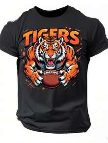 Camiseta de hombre con estampado de mascota de fútbol de tigre rugiente - Tejido de mezcla suave y transpirable de alta calidad, estampado llamativo de cara de tigre y la palabra TIGRES, ajuste cómodo, cuello redondo, manga corta, adecuada para días de juego, fiestas de pre-partido y eventos deportivos - ropa que refleja el espíritu del equipo de los aficionados. - Negro - Ver 6