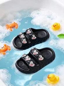Girls' EVA Thick Sole Black Sandals, Heart Rhinestone Decor, Lightweight & Comfortable House Slippers For Summer - Black - View 2