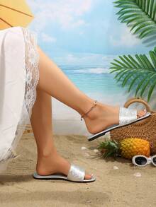 Women's Fashion Resort Beach Rhinestone & Pearl Decorated Slip-On Sandals, Comfortable Casual Versatile Classic French Design Beaded Flat Toe-Ring Sandals - Silver - View 2
