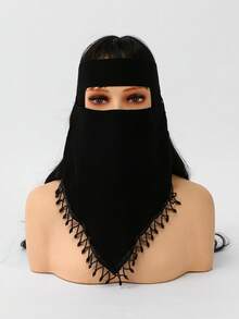 1件裝女款純色V型串珠流蘇面紗，輕盈透氣綁帶式流蘇面罩，送給她的禮物 - 黑色-流蘇面罩 - 查看 6