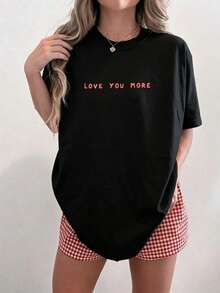 Camiseta Love You More, Camiseta Minimalista de San Valentín, Feliz Día de San Valentín, Camiseta de San Valentín, Camiseta de Algodón Grueso de Manga Corta, Estampada con Gráficos, Casual para Mujer - Negro - Ver 1