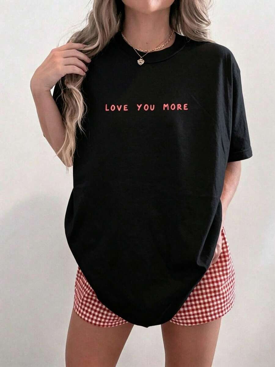 Camiseta Love You More, Camiseta Minimalista de San Valentín, Feliz Día de San Valentín, Camiseta de San Valentín, Camiseta de Algodón Grueso de Manga Corta, Estampada con Gráficos, Casual para Mujer - Negro - Ver 1