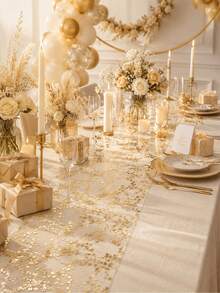 1 Roll Gold Star Mesh Table Runner, Shimmering Transparent Chiffon Table Runner Roll With Gold Foil Stars, 28cm*2.75m, Suitable For Wedding Bride Party, Birthday Party, Holiday Events, Home Table Decor - Gold Star Table Runner - View 9