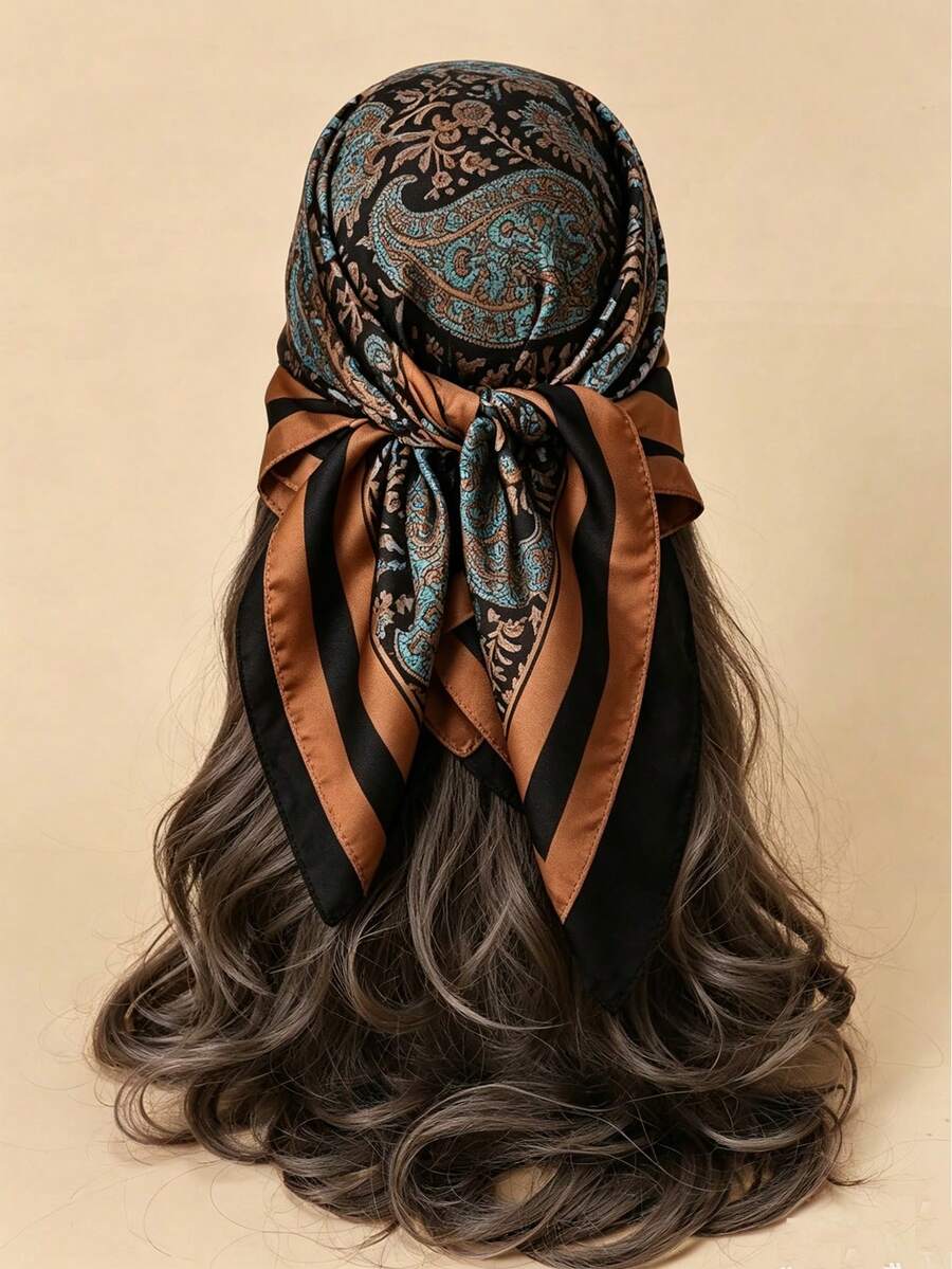 1 pieza Pañuelo cuadrado de seda sintética impresa de 70cm, de moda, transpirable y multifuncional como diadema, pañuelo, pañuelo de cuello y accesorio - Multicolor - Ver 1