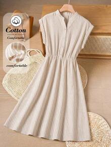 Vestido casual de verano de cuello en V a media pierna con rayas para mujer - Multicolor - Ver 3