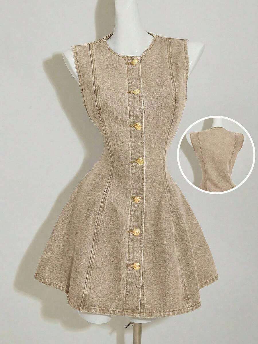 MOD Vestido mini ajustado sin mangas de mezclilla azul para mujer - Gris - Ver 1