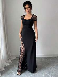 Vestido entallado con bordado de red para fiesta, banquete, primavera/verano, vacaciones - Negro - Ver 6