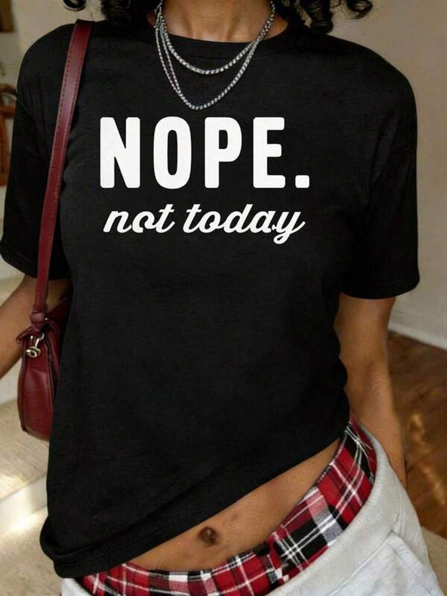 Camiseta con Estampado "Nope Not Today", Manga Corta, Cuello Redondo, Estilo Casual para Verano y Primavera, Ropa de Mujer - Negro - Ver 1